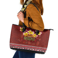 Aloha Plumeria Flowers Leather Tote Bag With Hawaiian Style Tapa Tribal LT03 Red - Polynesian Pride
