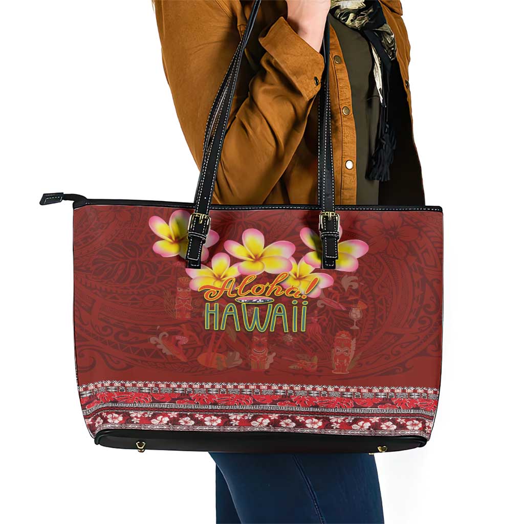 Aloha Plumeria Flowers Leather Tote Bag With Hawaiian Style Tapa Tribal LT03 - Polynesian Pride