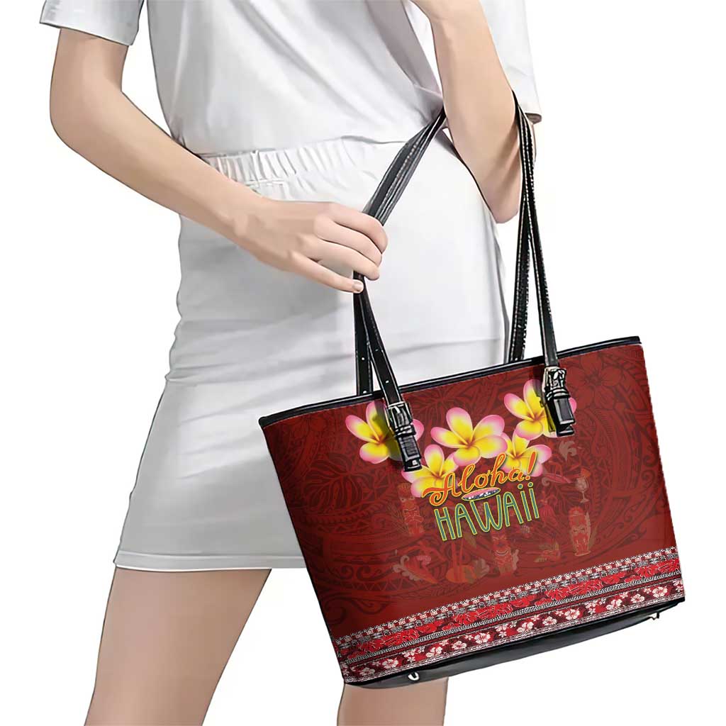 Aloha Plumeria Flowers Leather Tote Bag With Hawaiian Style Tapa Tribal LT03 - Polynesian Pride