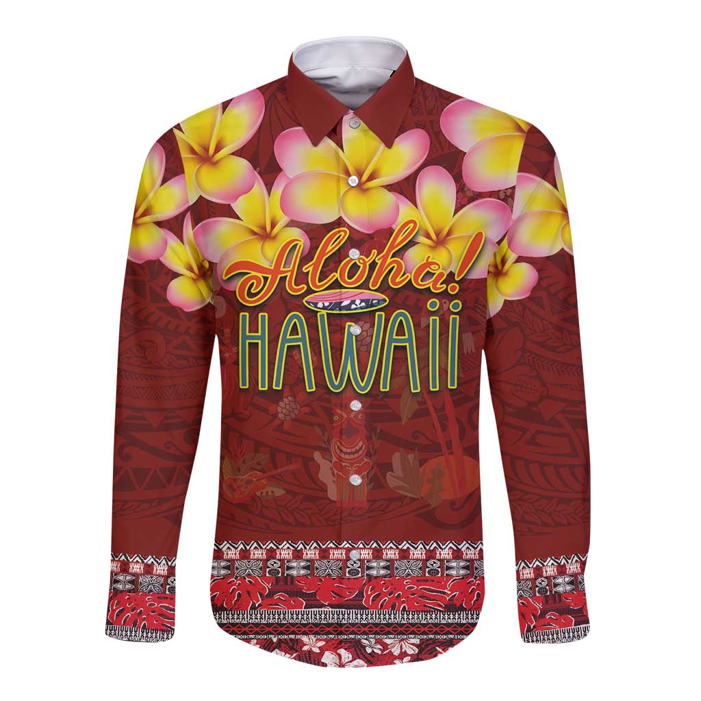 Aloha Plumeria Flowers Long Sleeve Button Shirt With Hawaiian Style Tapa Tribal