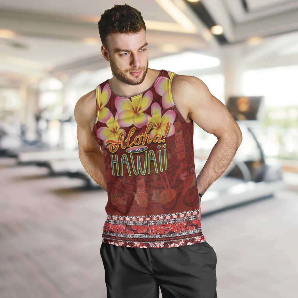 Aloha Plumeria Flowers Men Tank Top With Hawaiian Style Tapa Tribal LT03 Red - Polynesian Pride
