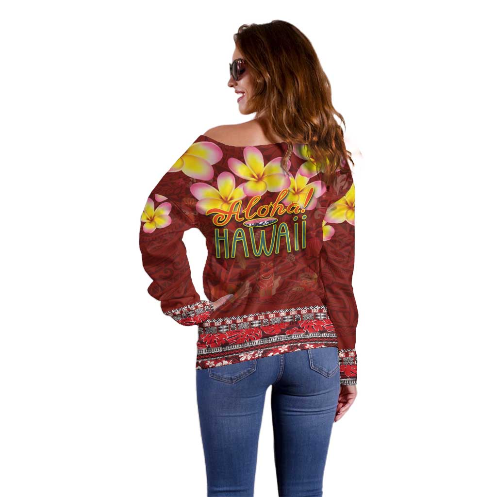Aloha Plumeria Flowers Off Shoulder Sweater With Hawaiian Style Tapa Tribal