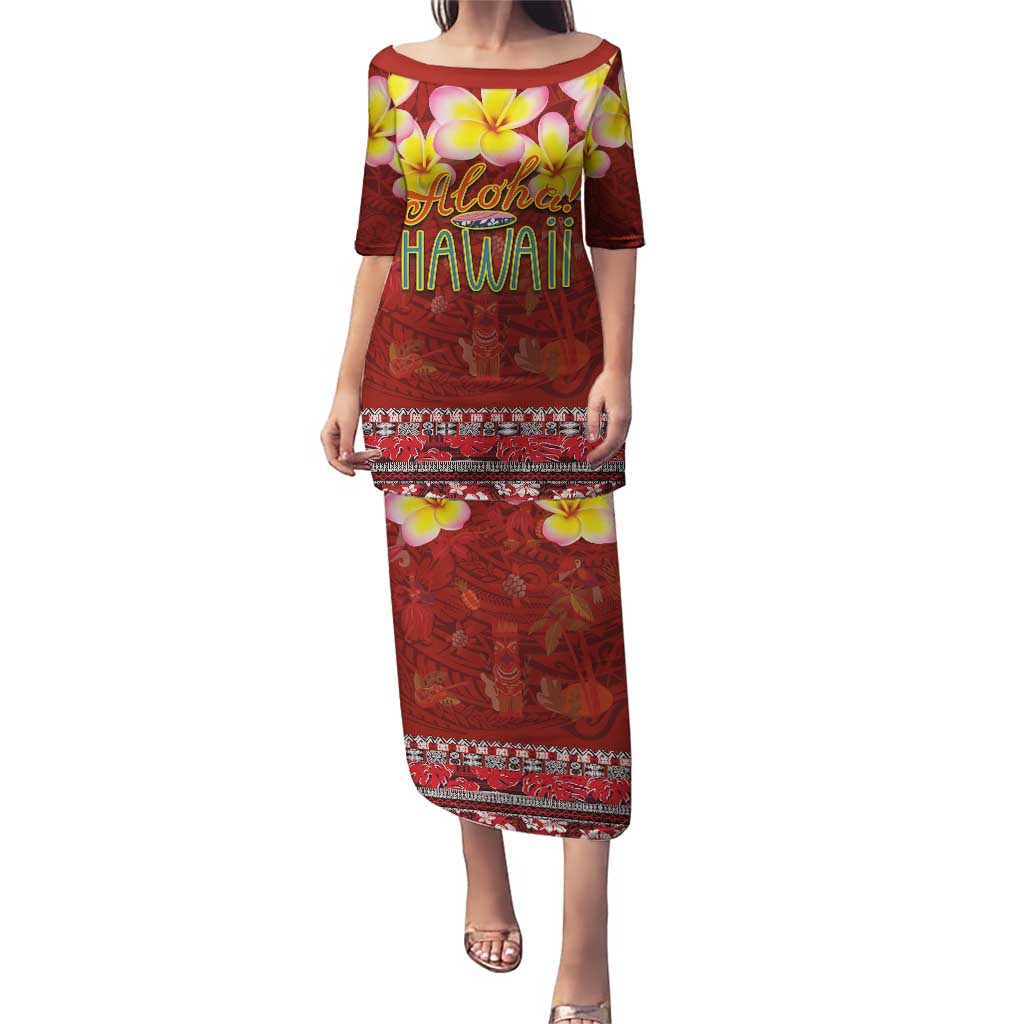 Aloha Plumeria Flowers Puletasi With Hawaiian Style Tapa Tribal LT03 Long Dress Red - Polynesian Pride