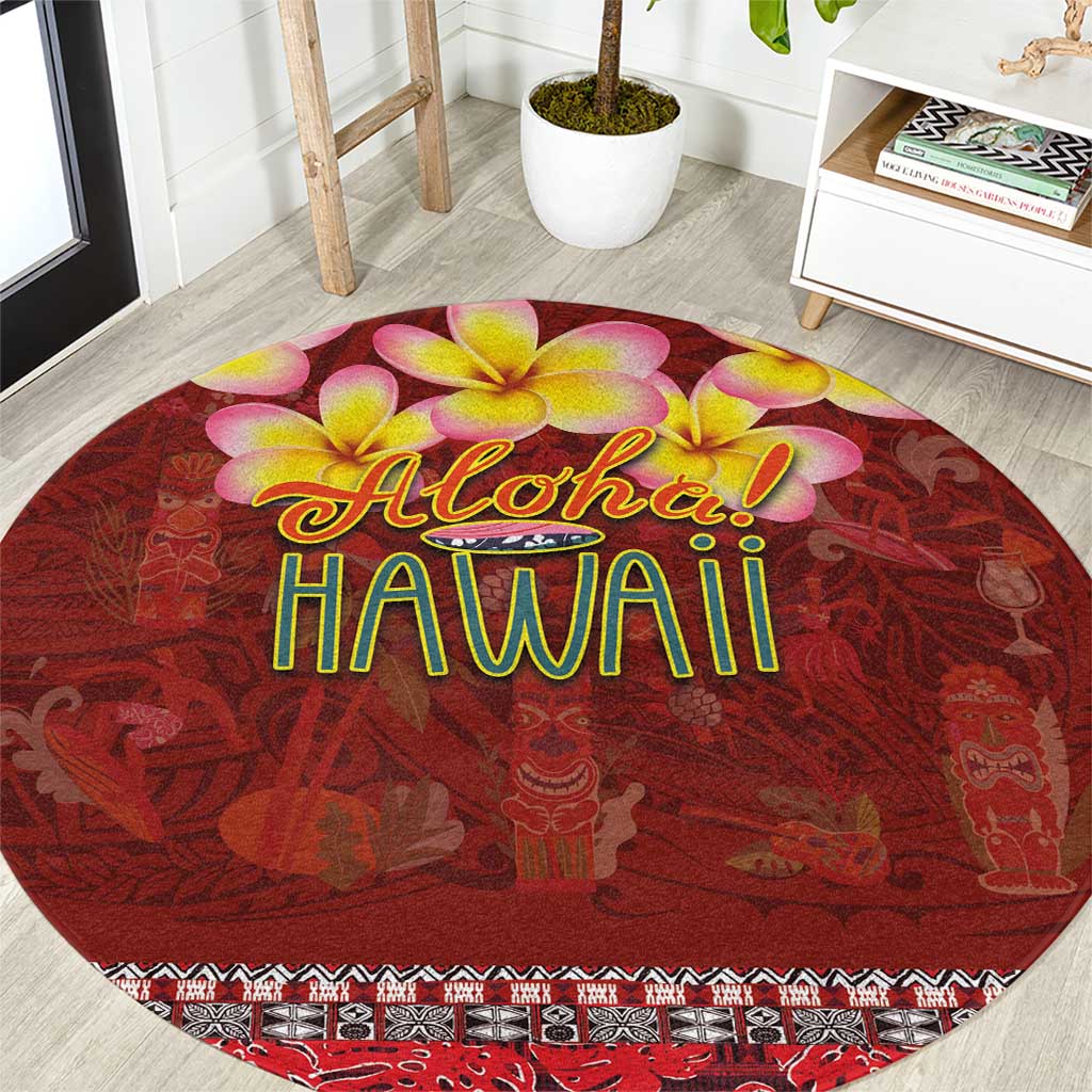 Aloha Plumeria Flowers Round Carpet With Hawaiian Style Tapa Tribal