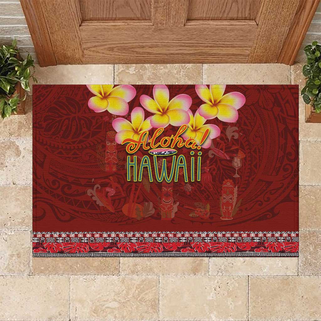 Aloha Plumeria Flowers Rubber Doormat With Hawaiian Style Tapa Tribal LT03 Red - Polynesian Pride