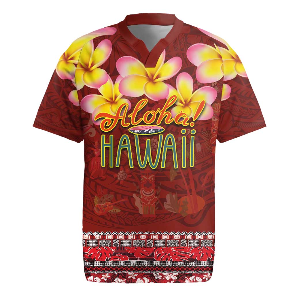 Aloha Plumeria Flowers Rugby Jersey With Hawaiian Style Tapa Tribal LT03 Red - Polynesian Pride