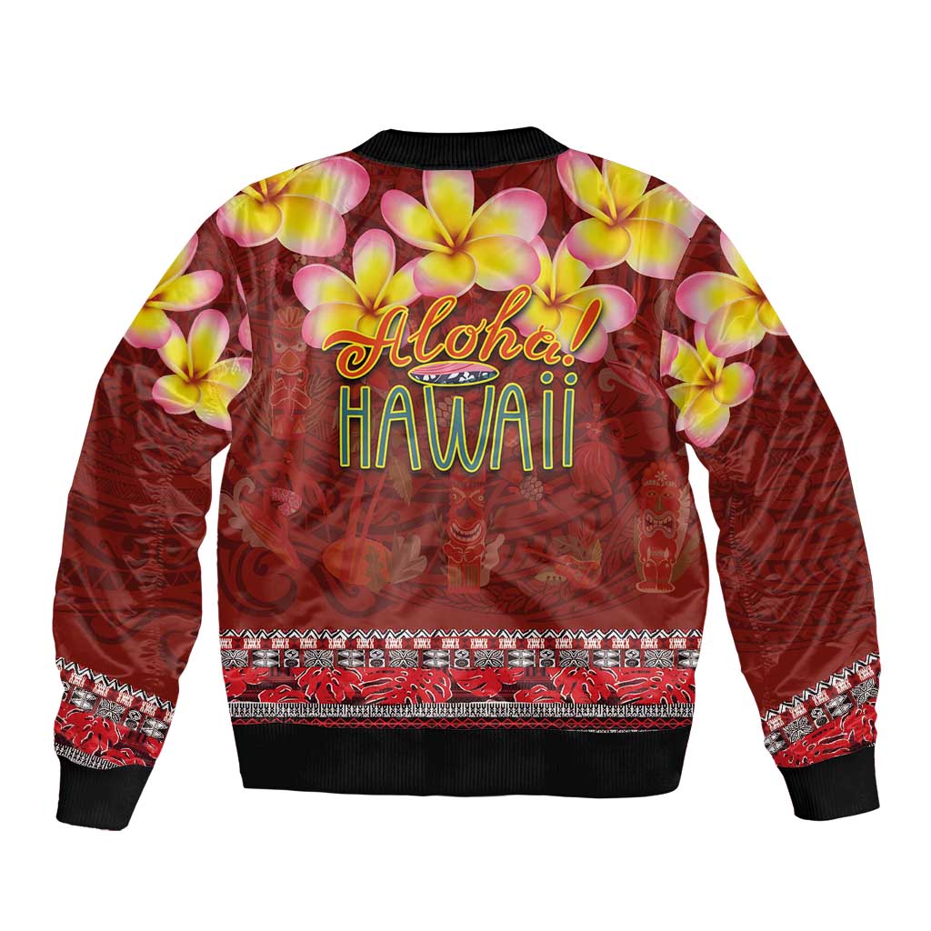 Aloha Plumeria Flowers Sleeve Zip Bomber Jacket With Hawaiian Style Tapa Tribal