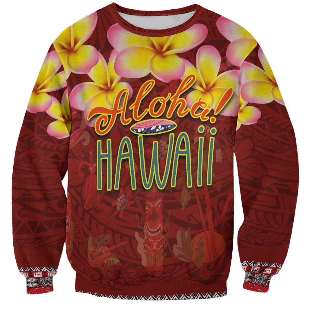 Aloha Plumeria Flowers Sweatshirt With Hawaiian Style Tapa Tribal LT03 Unisex Red - Polynesian Pride