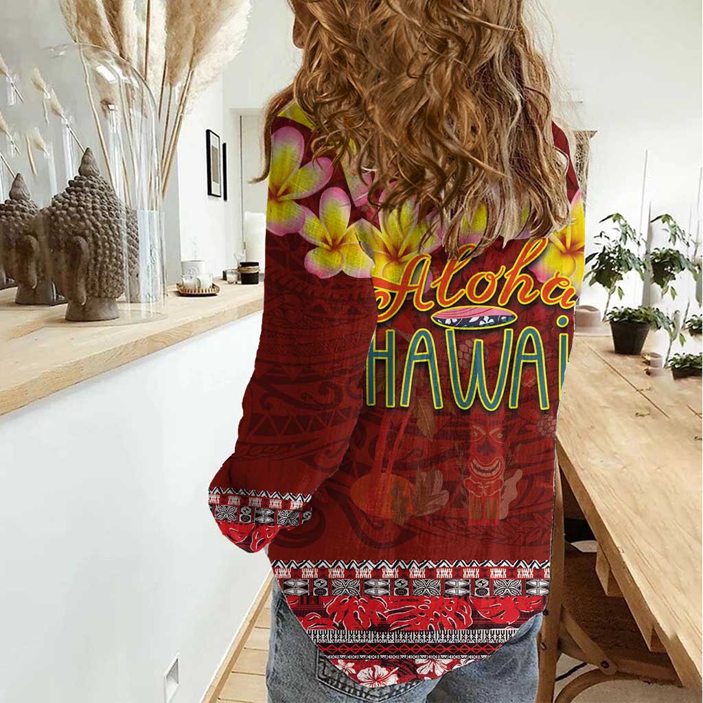 Aloha Plumeria Flowers Women Casual Shirt With Hawaiian Style Tapa Tribal