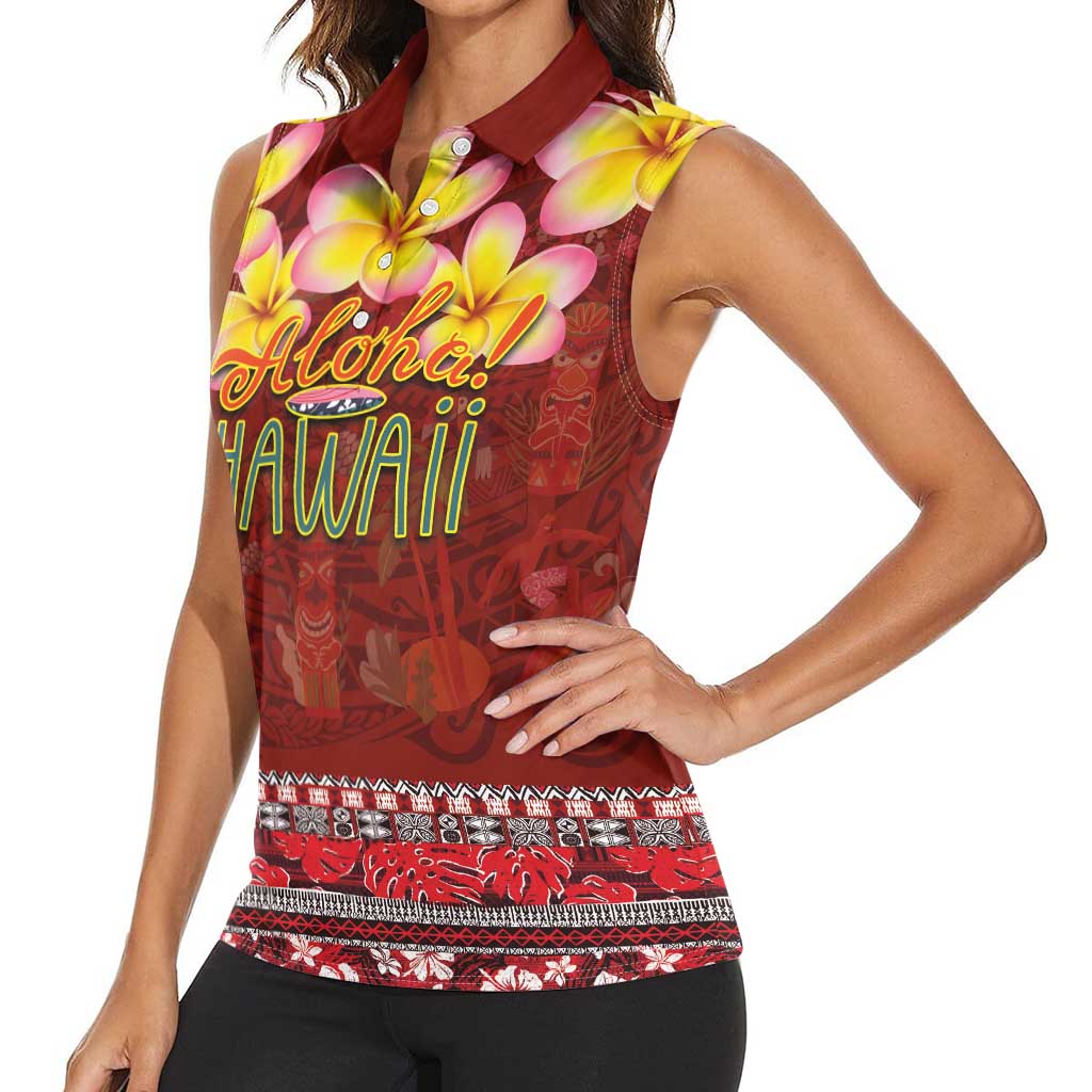 Aloha Plumeria Flowers Women Sleeveless Polo Shirt With Hawaiian Style Tapa Tribal