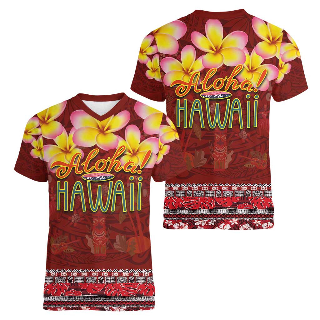 Aloha Plumeria Flowers Women V-Neck T-Shirt With Hawaiian Style Tapa Tribal