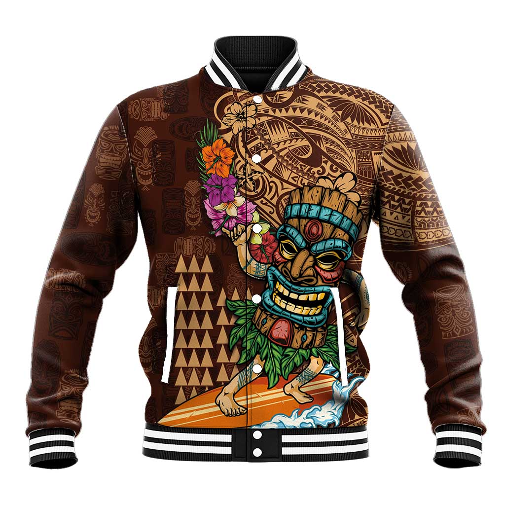 Hawaiian Tiki Mask Surfing Kakau Pattern Baseball Jacket LT03 Unisex Brown - Polynesian Pride