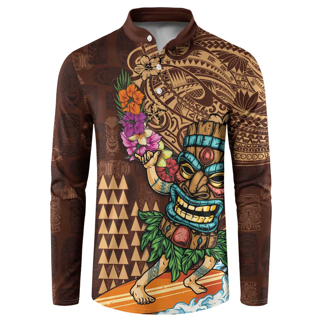 Hawaiian Tiki Mask Surfing Kakau Pattern Button Sweatshirt LT03 Brown - Polynesian Pride