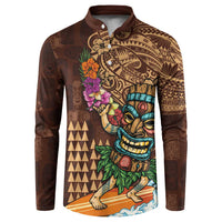 Hawaiian Tiki Mask Surfing Kakau Pattern Button Sweatshirt LT03 Brown - Polynesian Pride