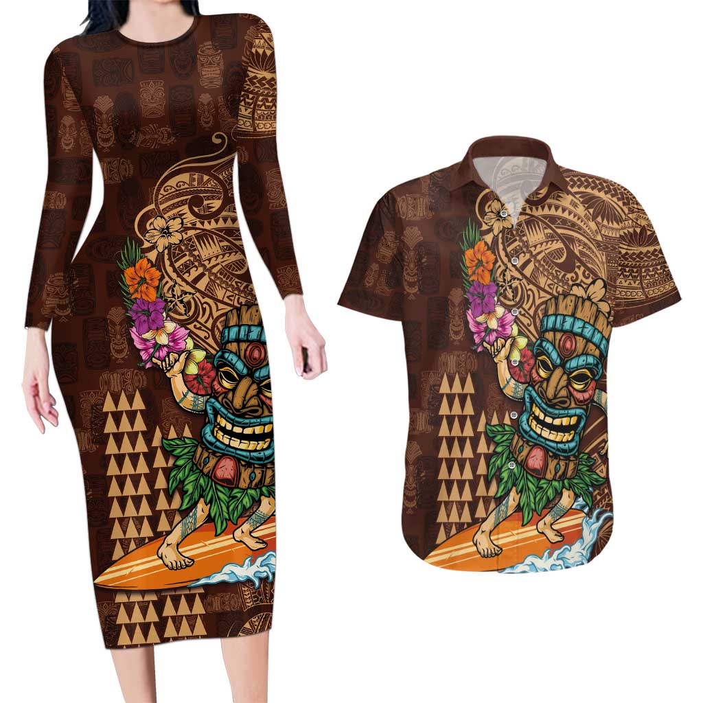 Hawaiian Tiki Mask Surfing Kakau Pattern Couples Matching Long Sleeve Bodycon Dress and Hawaiian Shirt LT03 Brown - Polynesian Pride