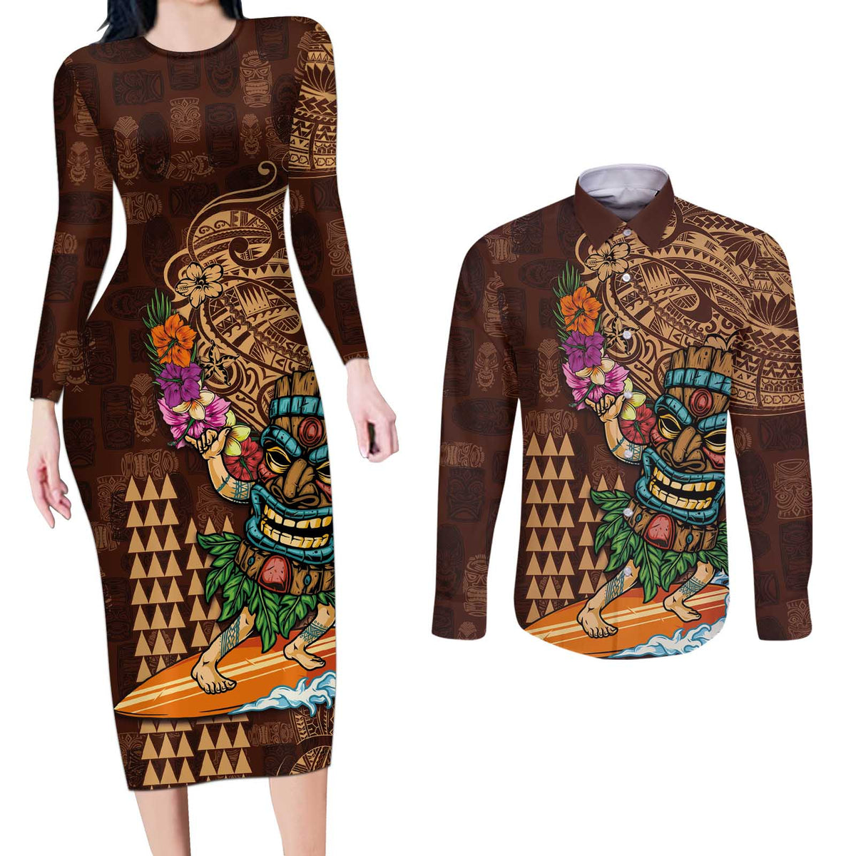 Hawaiian Tiki Mask Surfing Kakau Pattern Couples Matching Long Sleeve Bodycon Dress and Long Sleeve Button Shirt LT03 Brown - Polynesian Pride
