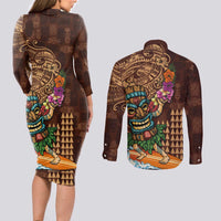 Hawaiian Tiki Mask Surfing Kakau Pattern Couples Matching Long Sleeve Bodycon Dress and Long Sleeve Button Shirt LT03 - Polynesian Pride
