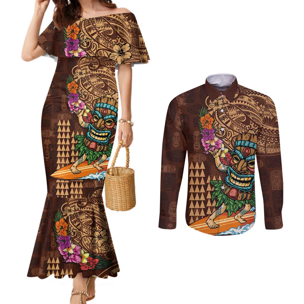 Hawaiian Tiki Mask Surfing Kakau Pattern Couples Matching Mermaid Dress and Long Sleeve Button Shirt LT03 Brown - Polynesian Pride