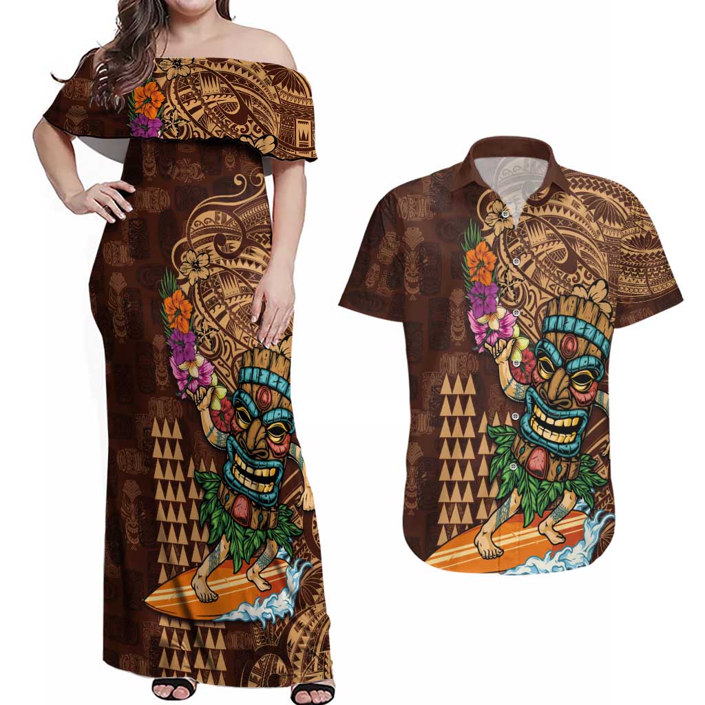 Hawaiian Tiki Mask Surfing Kakau Pattern Couples Matching Off Shoulder Maxi Dress and Hawaiian Shirt