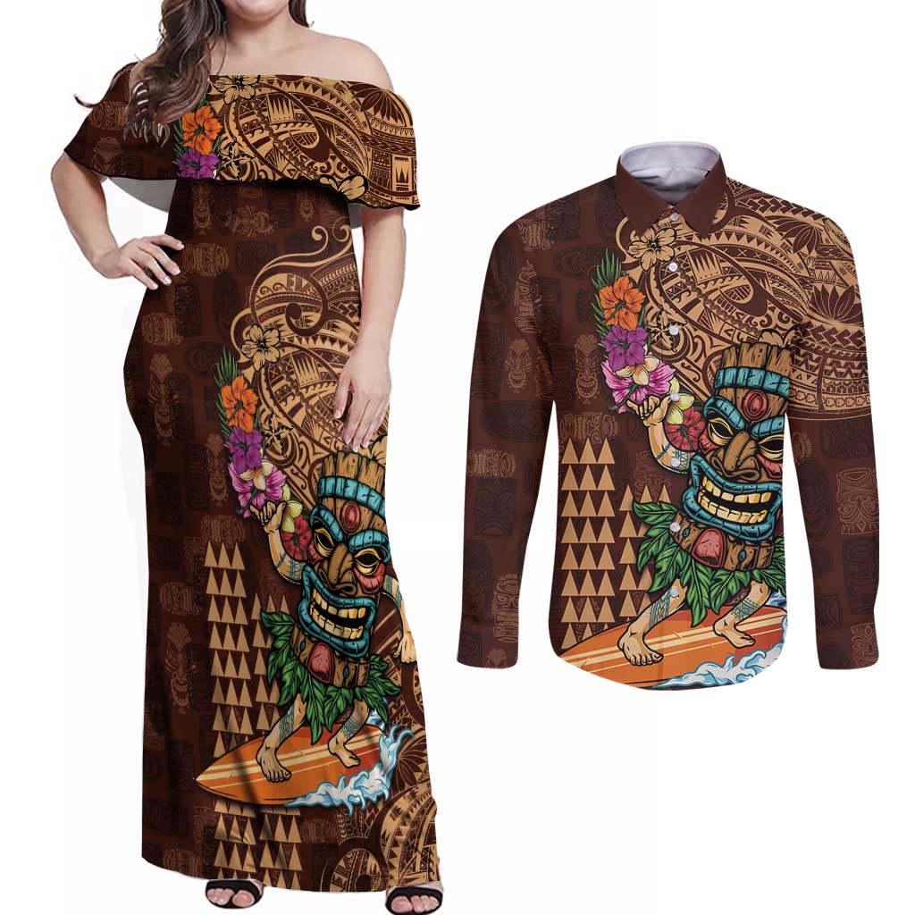 Hawaiian Tiki Mask Surfing Kakau Pattern Couples Matching Off Shoulder Maxi Dress and Long Sleeve Button Shirt LT03 Brown - Polynesian Pride