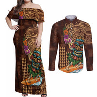 Hawaiian Tiki Mask Surfing Kakau Pattern Couples Matching Off Shoulder Maxi Dress and Long Sleeve Button Shirt LT03 Brown - Polynesian Pride
