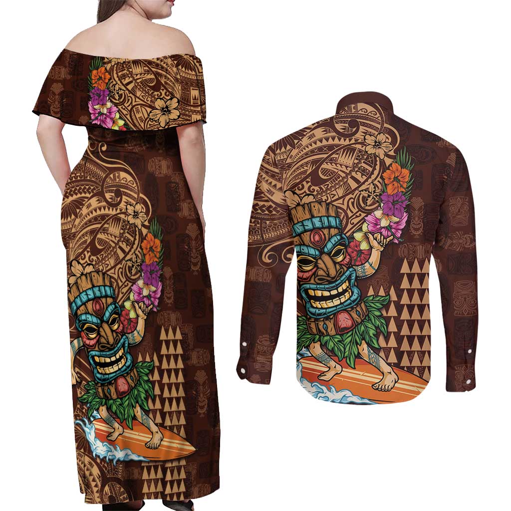 Hawaiian Tiki Mask Surfing Kakau Pattern Couples Matching Off Shoulder Maxi Dress and Long Sleeve Button Shirt LT03 - Polynesian Pride