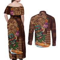 Hawaiian Tiki Mask Surfing Kakau Pattern Couples Matching Off Shoulder Maxi Dress and Long Sleeve Button Shirt LT03 - Polynesian Pride