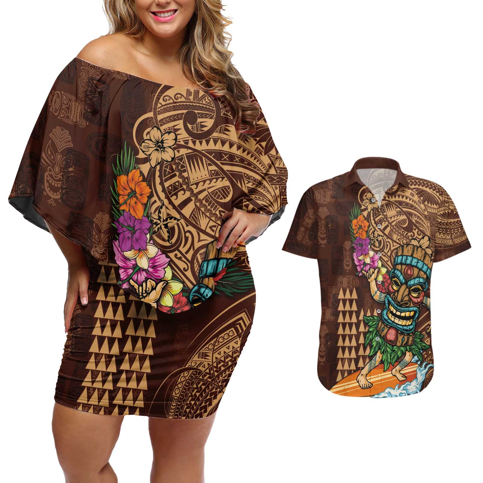 Hawaiian Tiki Mask Surfing Kakau Pattern Couples Matching Off Shoulder Short Dress and Hawaiian Shirt LT03 Brown - Polynesian Pride