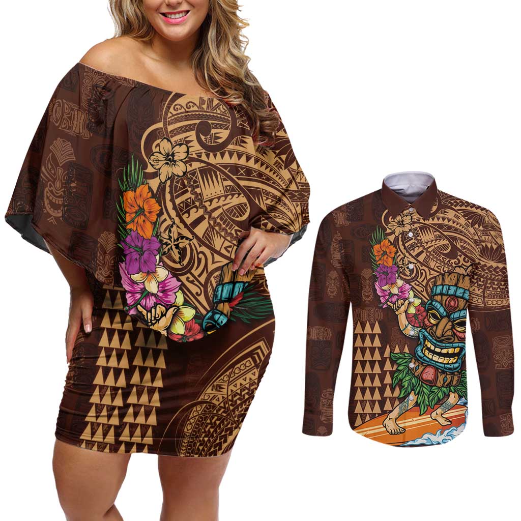 Hawaiian Tiki Mask Surfing Kakau Pattern Couples Matching Off Shoulder Short Dress and Long Sleeve Button Shirt LT03 Brown - Polynesian Pride
