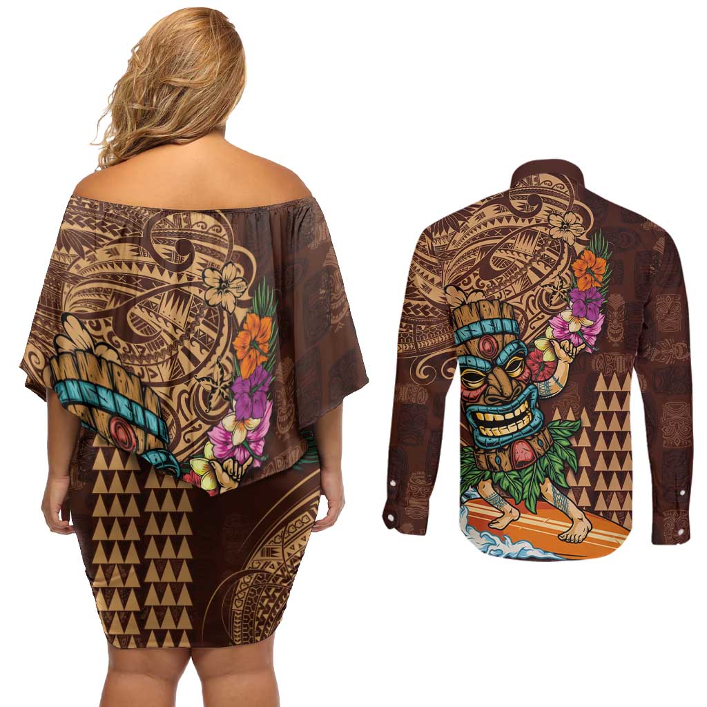 Hawaiian Tiki Mask Surfing Kakau Pattern Couples Matching Off Shoulder Short Dress and Long Sleeve Button Shirt LT03 - Polynesian Pride