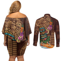 Hawaiian Tiki Mask Surfing Kakau Pattern Couples Matching Off Shoulder Short Dress and Long Sleeve Button Shirt LT03 - Polynesian Pride