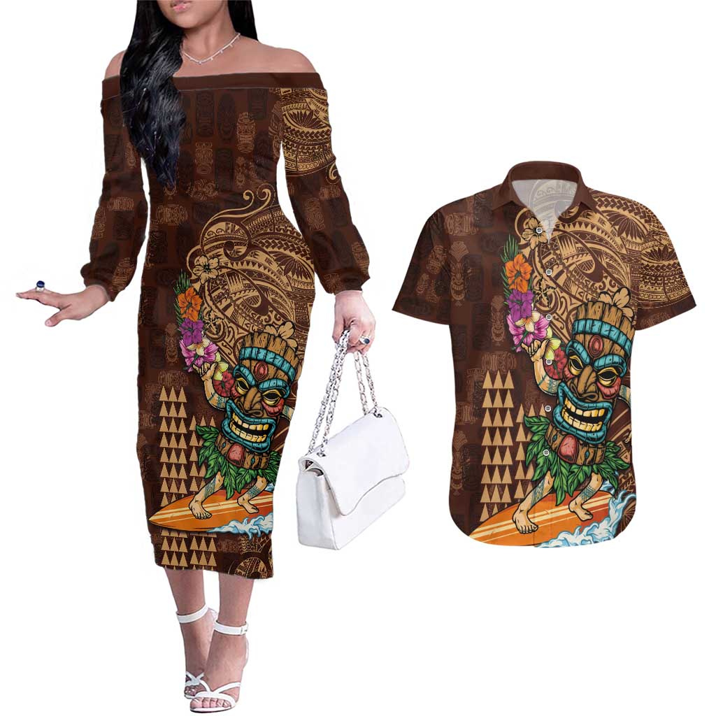 Hawaiian Tiki Mask Surfing Kakau Pattern Couples Matching Off The Shoulder Long Sleeve Dress and Hawaiian Shirt LT03 Brown - Polynesian Pride