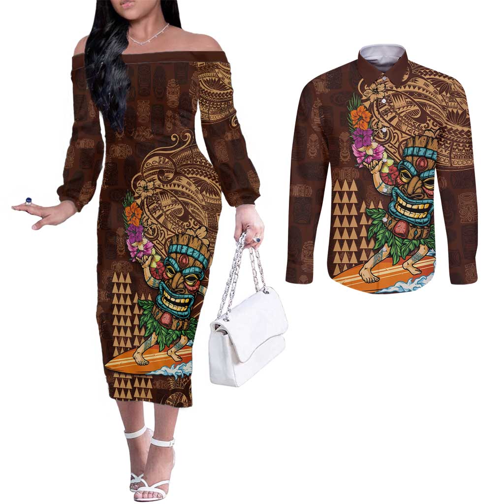 Hawaiian Tiki Mask Surfing Kakau Pattern Couples Matching Off The Shoulder Long Sleeve Dress and Long Sleeve Button Shirt LT03 Brown - Polynesian Pride