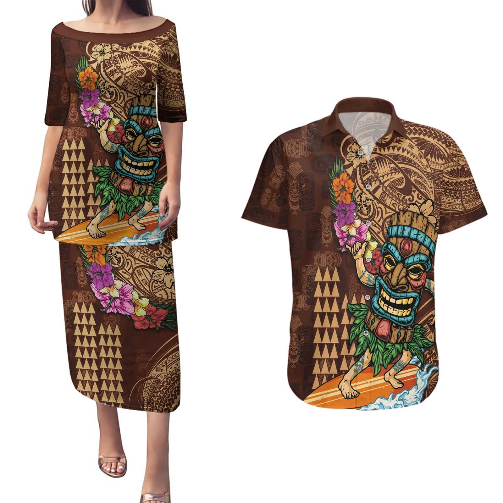 Hawaiian Tiki Mask Surfing Kakau Pattern Couples Matching Puletasi and Hawaiian Shirt LT03 Brown - Polynesian Pride
