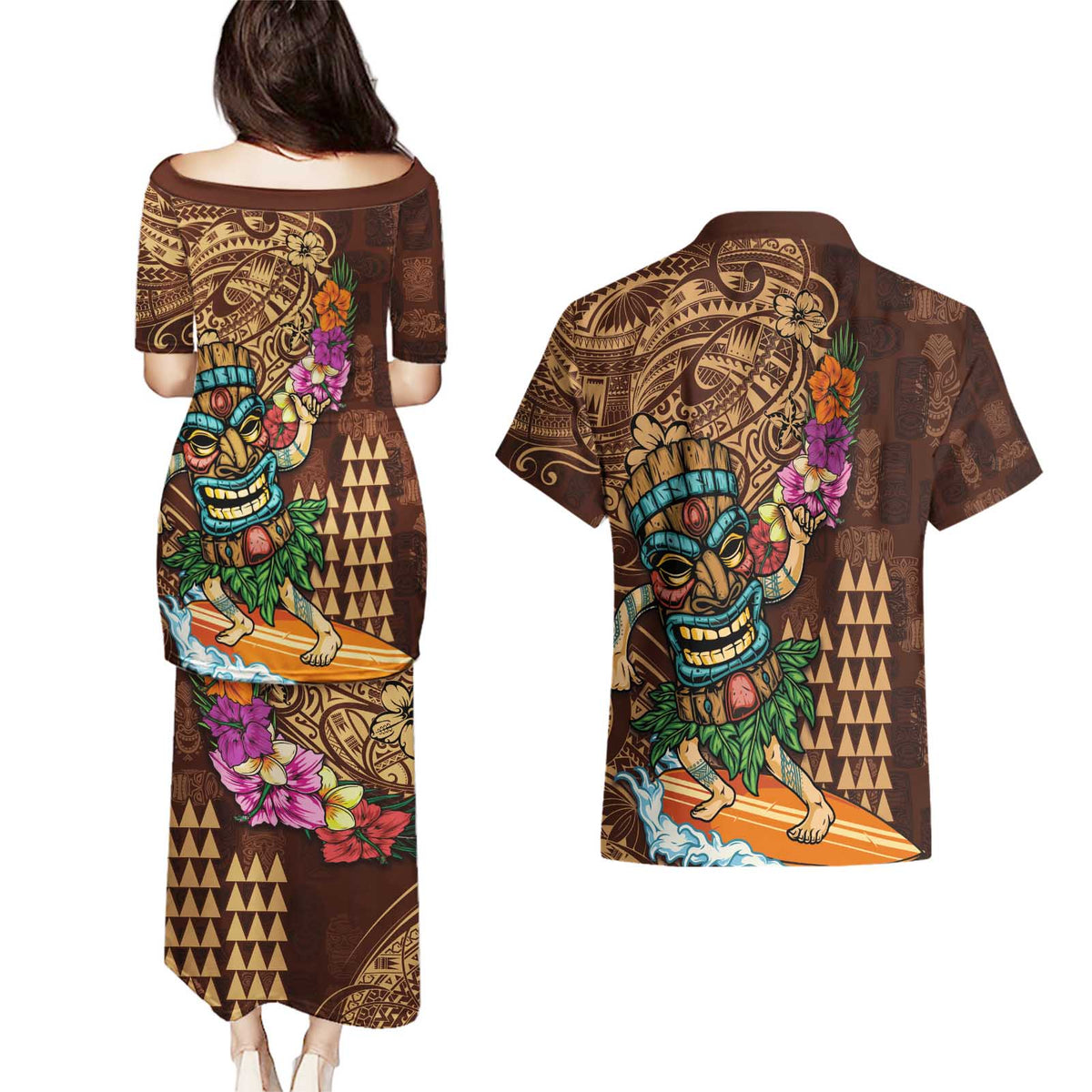 Hawaiian Tiki Mask Surfing Kakau Pattern Couples Matching Puletasi and Hawaiian Shirt LT03 - Polynesian Pride