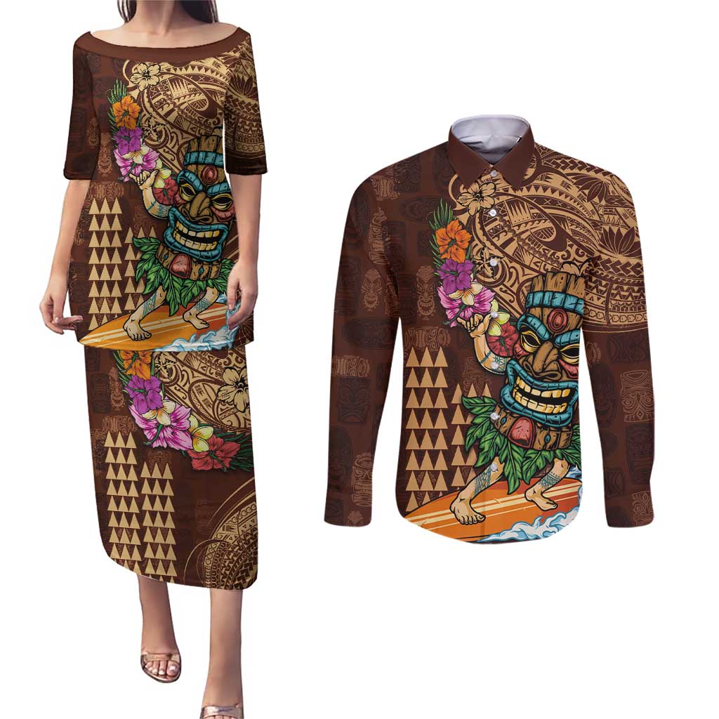 Hawaiian Tiki Mask Surfing Kakau Pattern Couples Matching Puletasi and Long Sleeve Button Shirt LT03 Brown - Polynesian Pride