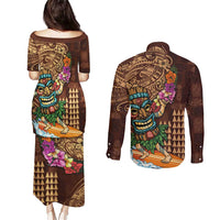 Hawaiian Tiki Mask Surfing Kakau Pattern Couples Matching Puletasi and Long Sleeve Button Shirt LT03 - Polynesian Pride