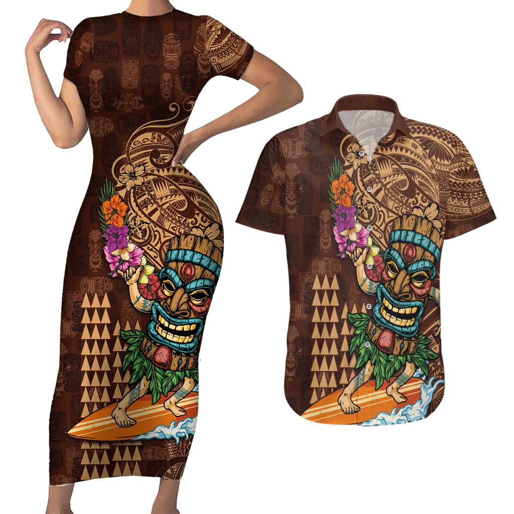 Hawaiian Tiki Mask Surfing Kakau Pattern Couples Matching Short Sleeve Bodycon Dress and Hawaiian Shirt LT03 Brown - Polynesian Pride