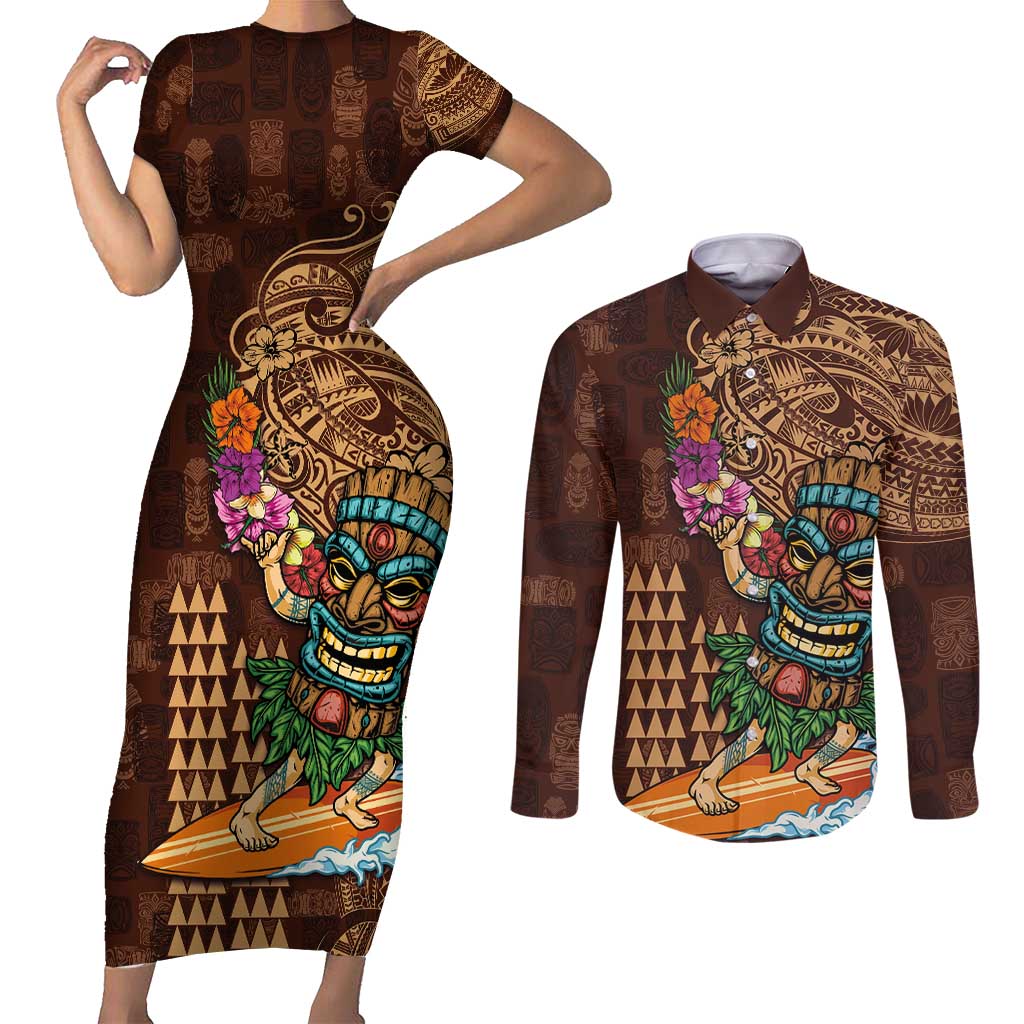Hawaiian Tiki Mask Surfing Kakau Pattern Couples Matching Short Sleeve Bodycon Dress and Long Sleeve Button Shirt LT03 Brown - Polynesian Pride