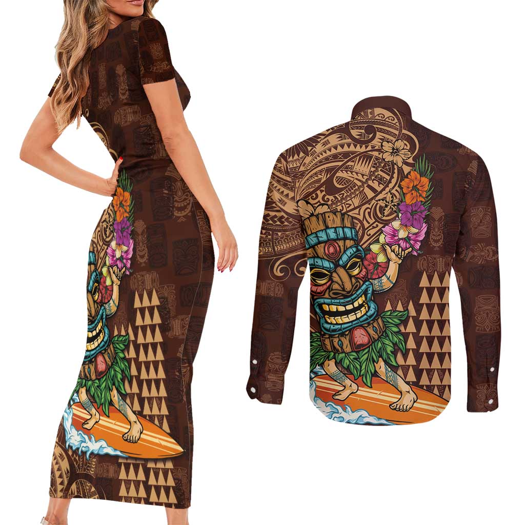 Hawaiian Tiki Mask Surfing Kakau Pattern Couples Matching Short Sleeve Bodycon Dress and Long Sleeve Button Shirt LT03 - Polynesian Pride