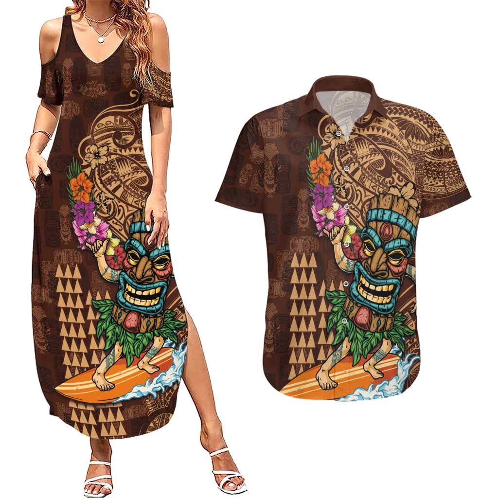 Hawaiian Tiki Mask Surfing Kakau Pattern Couples Matching Summer Maxi Dress and Hawaiian Shirt LT03 Brown - Polynesian Pride