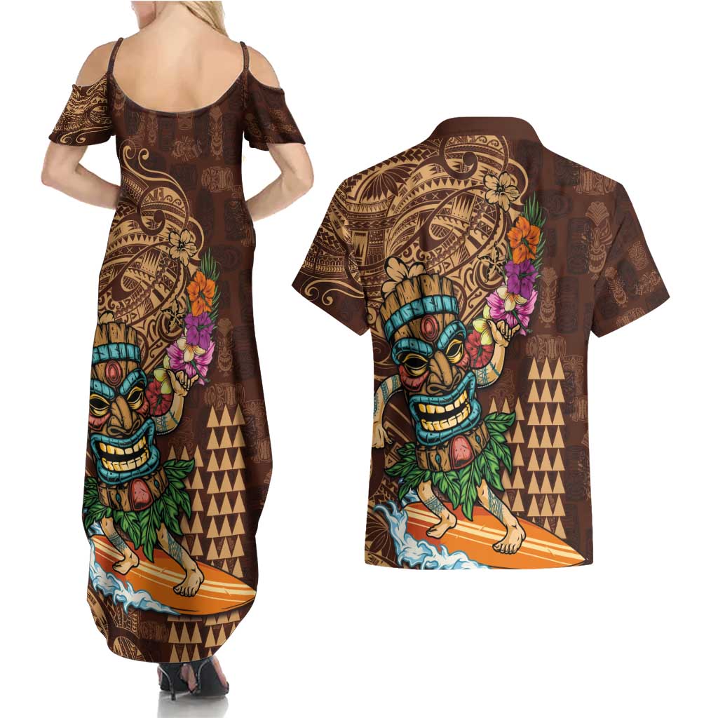 Hawaiian Tiki Mask Surfing Kakau Pattern Couples Matching Summer Maxi Dress and Hawaiian Shirt LT03 - Polynesian Pride