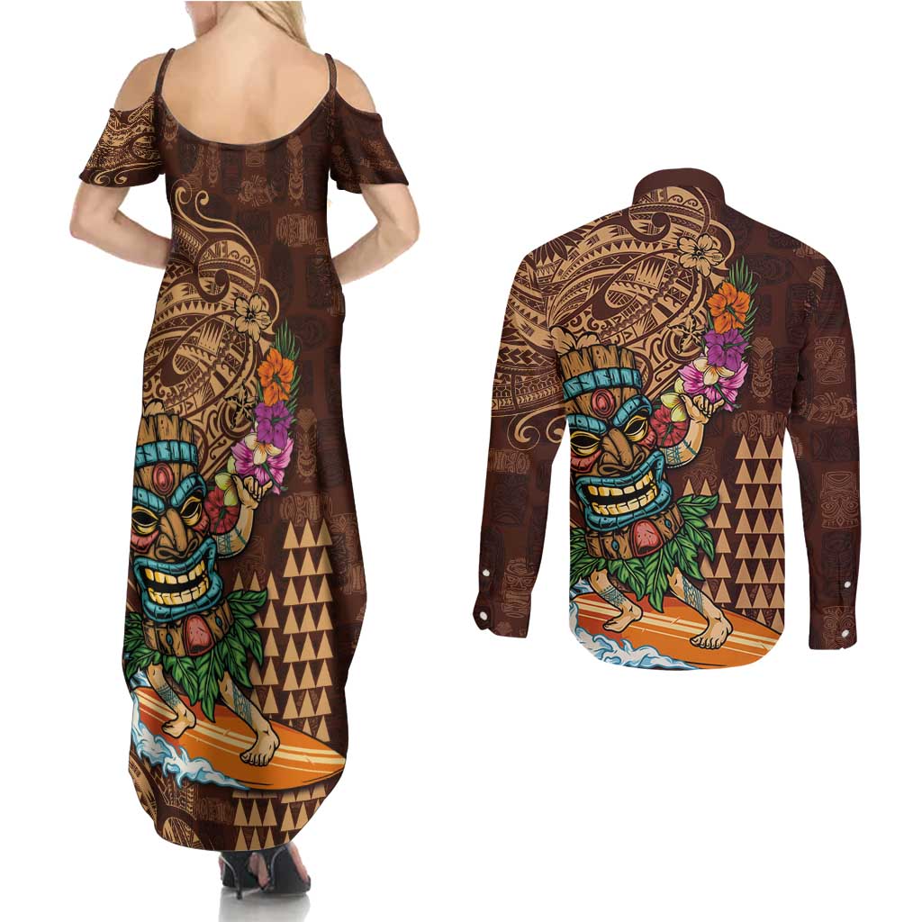 Hawaiian Tiki Mask Surfing Kakau Pattern Couples Matching Summer Maxi Dress and Long Sleeve Button Shirt LT03 - Polynesian Pride