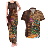Hawaiian Tiki Mask Surfing Kakau Pattern Couples Matching Tank Maxi Dress and Hawaiian Shirt LT03 Brown - Polynesian Pride