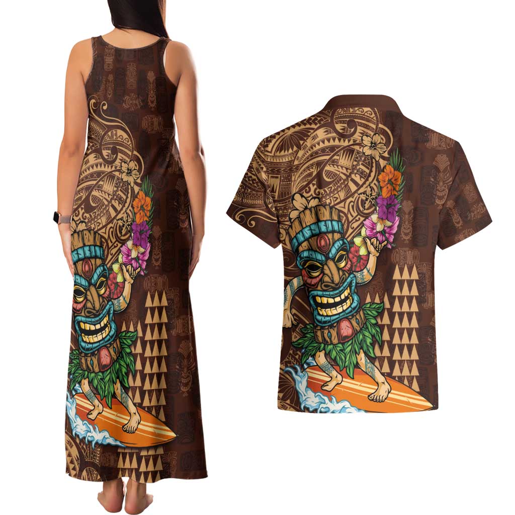Hawaiian Tiki Mask Surfing Kakau Pattern Couples Matching Tank Maxi Dress and Hawaiian Shirt LT03 - Polynesian Pride
