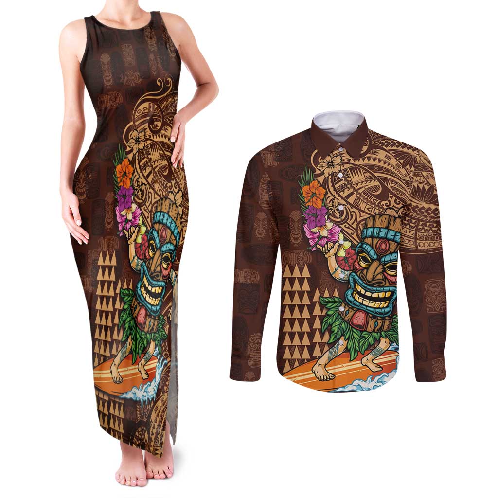 Hawaiian Tiki Mask Surfing Kakau Pattern Couples Matching Tank Maxi Dress and Long Sleeve Button Shirt LT03 Brown - Polynesian Pride