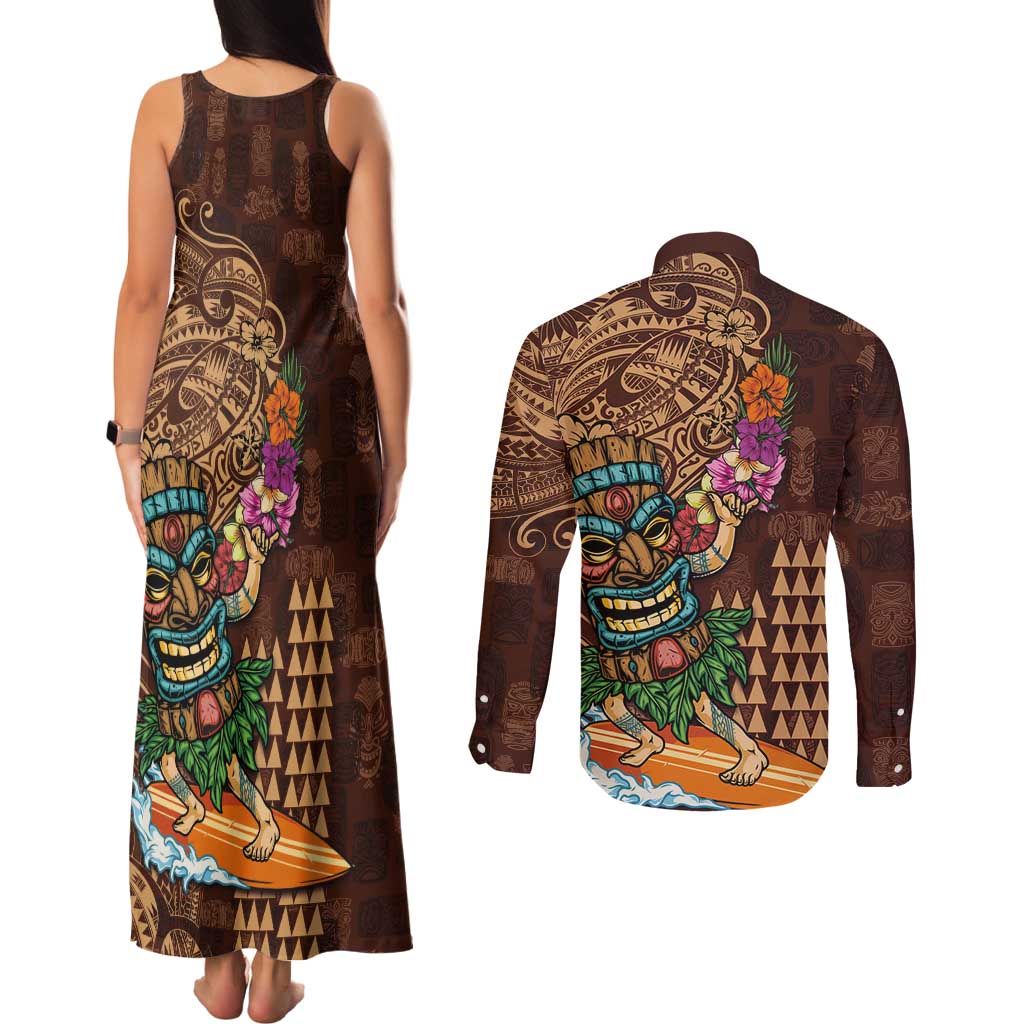 Hawaiian Tiki Mask Surfing Kakau Pattern Couples Matching Tank Maxi Dress and Long Sleeve Button Shirt LT03 - Polynesian Pride