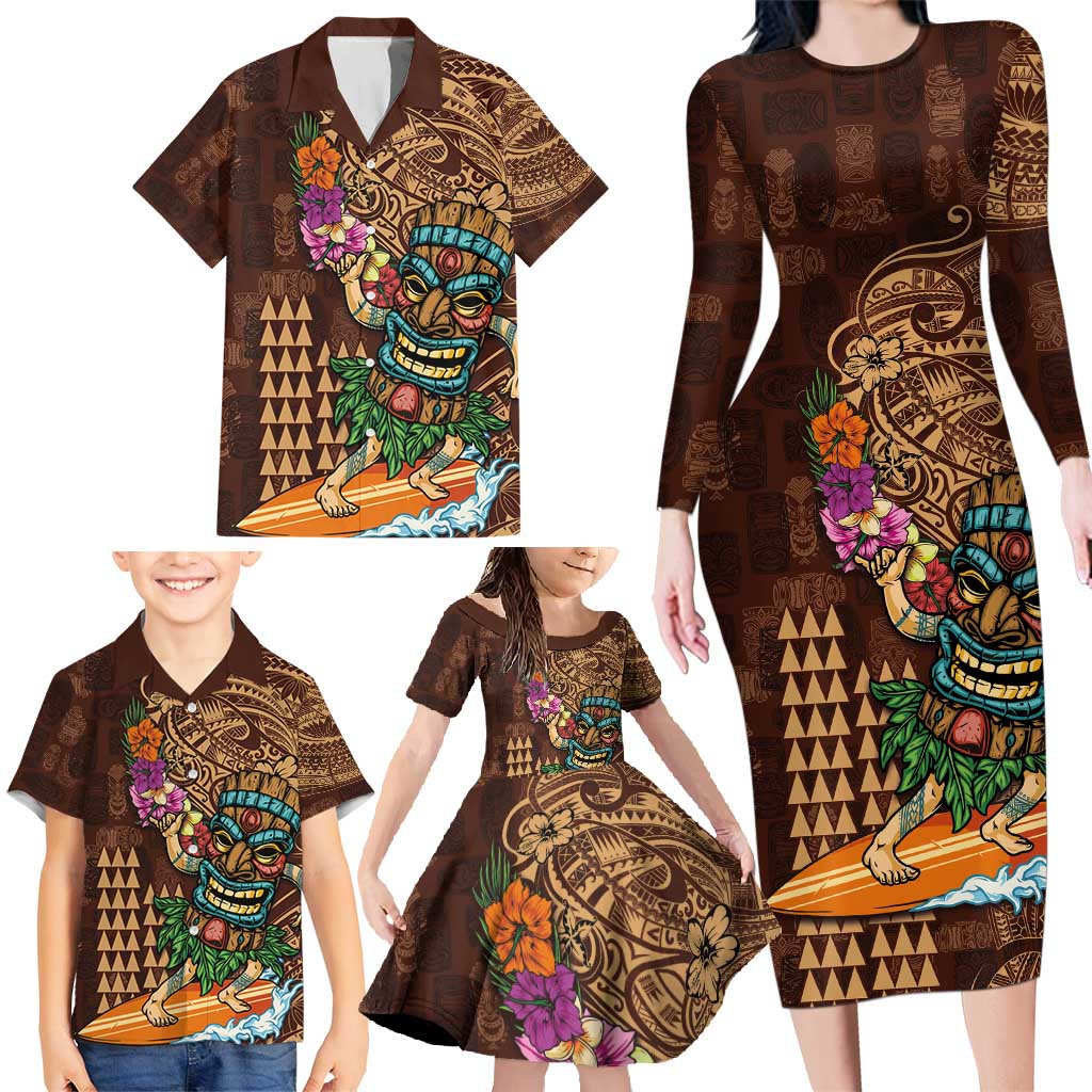 Hawaiian Tiki Mask Surfing Kakau Pattern Family Matching Long Sleeve Bodycon Dress and Hawaiian Shirt LT03 - Polynesian Pride