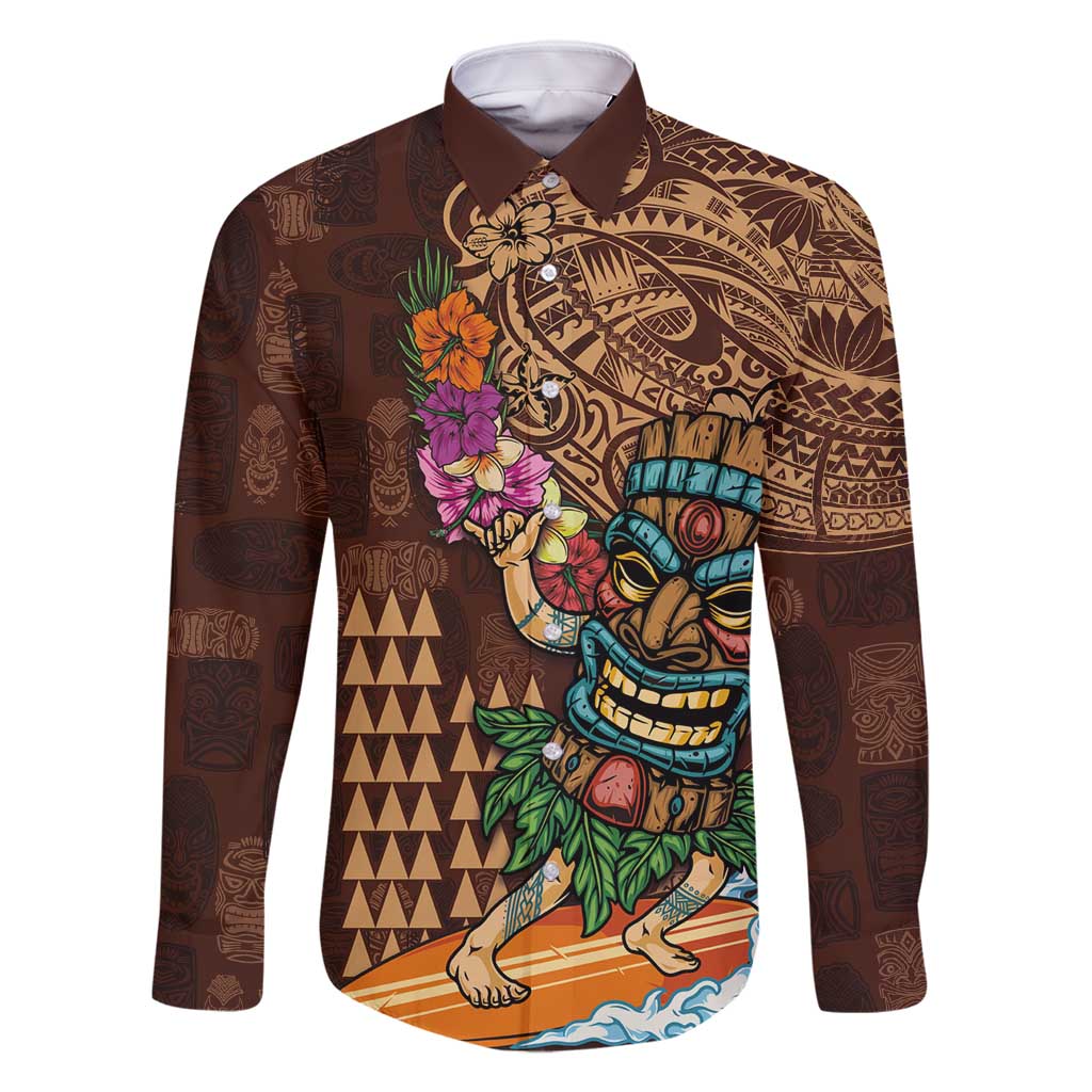 Hawaiian Tiki Mask Surfing Kakau Pattern Family Matching Mermaid Dress and Hawaiian Shirt LT03 Dad's Shirt - Long Sleeve Brown - Polynesian Pride