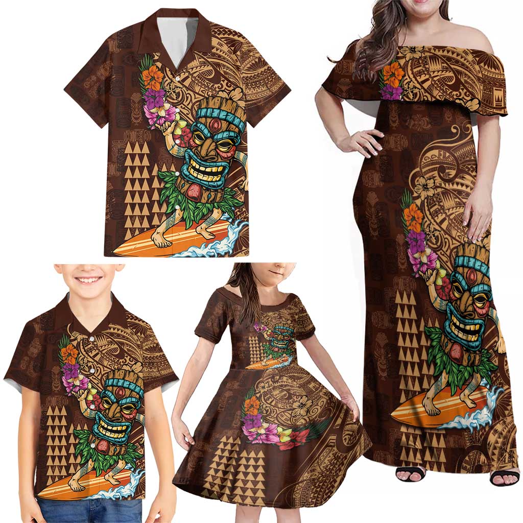 Hawaiian Tiki Mask Surfing Kakau Pattern Family Matching Off Shoulder Maxi Dress and Hawaiian Shirt